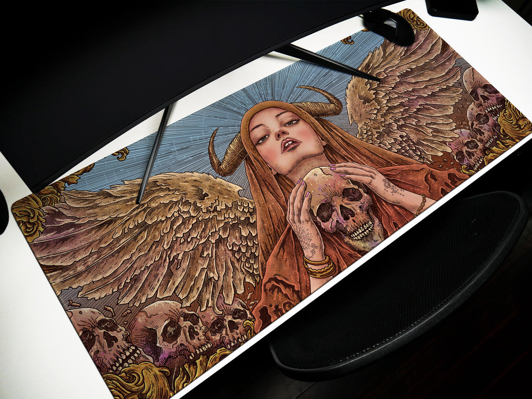 Celestial Empress, Desk Pad, Mouse Pad, Desk Mat, Divine Wings, Horned Goddess, Golden Skulls, Ethereal Power, Mystical Design